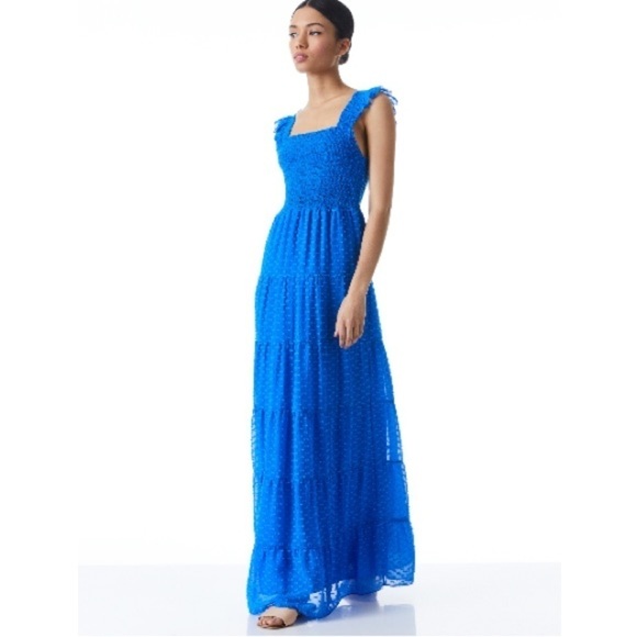 Alice+Olivia KIZZIE SMOCKED FLUTTER SLEEVE TIERED MAXI DRESS SZ 2 Blue Feminine